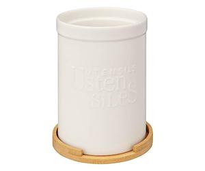 5five - Ensemble Pot à Ustensiles et Repose-Cuillère Naturéo - Céramique Blanche, Bambou, D 12,8 x H 18 cm - Pour Rangement Cuisine