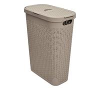 5five - Panier à Linge Slim Rattan 40L Beige - Trous d'Aération - Couvercle - Poignées Ergonomiques Portage Facile - Corbeille de Rangement Plastique