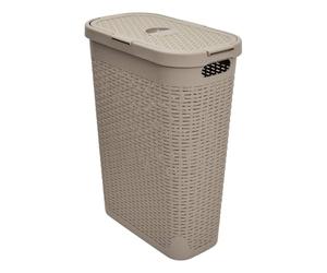 5five - Panier à Linge Slim Rattan 40L Beige - Trous d'Aération - Couvercle - Poignées Ergonomiques Portage Facile - Corbeille de Rangement Plastique