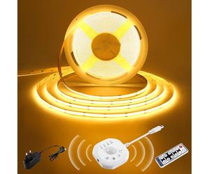 5m Ruban LED COB Détecteur de Mouvement, 24V Ruban LED Blanc Chaud, Marche/arrêt Autom, 4 Modes minuterie, Jour/Nuit, Bande LED Activée Mouvement pour escaliers, lits, Armoires et Cuisines, 2700K