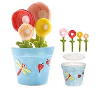 5PCS Ceramic Flower Pot Measuring Spoons Set with Base Cup, Cuillères à mesurer en forme de fleur avec pot, Cuillères et bol doseurs en céramique pour ingrédients secs et liquides (Bleu)