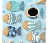 6/1 pièce pièce Dessous de verre en bois en forme de poisson, style nautique côtier d'été, résistants à la chaleur et isolants, dessous de tasse à café, thème océan, décoration de table pour la maison