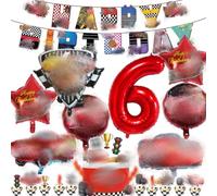 6 ans Décorations d'anniversaire sur le thème des voitures, 19 pièces Kit de décoration pour l'anniversaire d'un garçon, Banderole, Ballons en aluminium, Décorations pour cupcakes
