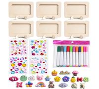 6 Cadres Photo Bois À Peindre Kit Créatif 12 Feutres Stickers 3D | Bois Naturel Pour Enfants Anniversaire Mariage Souvenirs DIY Paillettes Décoration Personnalisée Maison École