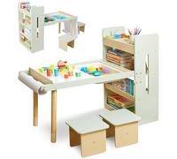 6 en 1 Table Enfants avec 2 Chaises, Tableaux Noirs et Tiroir de Rangement | Réglable en Hauteur, Bureau pour Dessiner Jouer, Table et Chaises en Bois Montessori pour 3-6 Ans, Table de Sable et D'eau