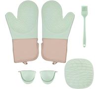 6 Ensemble Gants Four Silicone avec Tapis Pot, Brosse, Set Maniques Antidérapants, Gant Four BBQ Anti Chaleur, Gants Résistant Cuisson Cuisine pour Grillage, Pâtisserie, Barbecue (Vert Menthe)