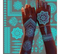 6 feuilles de tatouages lumineux bleus pour filles, tatouages de fleurs de lotus en dentelle blanche, motifs de mandala, de pendentifs de faux bijoux, qui brillent dans le noir, imperméables, faux tat