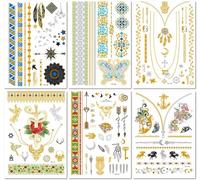 6 Feuilles Tatouages Temporaires À La Feuille D'Or Style Européen Et Américain Ensemble D'Autocollants Imperméables À La Feuille D'Argent Métallisé