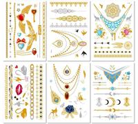6 Feuilles Tatouages Temporaires Grand Format Style Européen Et Américain En Feuille D'Or Imperméables Réalistes Style Bohème Rétro