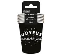 6 GOBELETS CARTON ANNIVERSAIRE 25CL NOIR