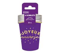 6 GOBELETS CARTON ANNIVERSAIRE 25CL VIOLET