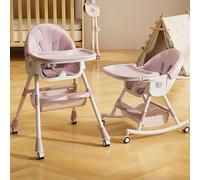 6 in1 Chaise haute pour enfant avec transat et chaise à bascule, Réglable et pliable avec tablette et roulettes,Panier Rose