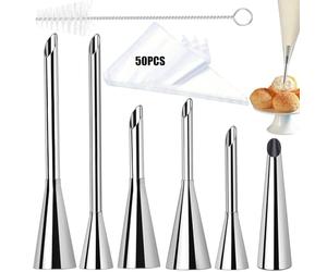6 Pcs Douille de Pâtisserie Petit Choux Avec brosse de nettoyage et 50 poches à douille, Douilles en Acier Inoxydable à Garnir, Cupcake Puffs Injection Seringue (6)