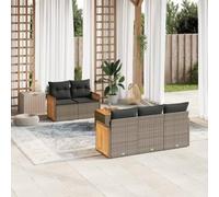 6 pcs. ensemble de salon modulaire terrasse avec coussins, polyrotin gris, plateau de table en bois d'acacia, sac de rangement étanche, housse lavable amovible, meubles de jardin