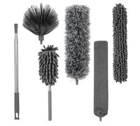 6 Pcs Plumeau Telescopique, Longueur télescopique jusqu'à 245 cm, Plumeau Poussiere Telescopique, Balai Toile d'Araignée, Tête de Loup Lavable, adapté au Nettoyage des plafonds, Ventilateurs Plafond