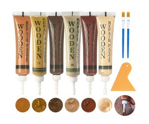 6 Pièce Pate a Bois Rebouchage Kit Reparation Parquet, Pate a Bois Rebouchage pour Réparer les Rayures Fissures Trous et Taches 6 Couleurs avec 2 Pinceaux 1 Raclette