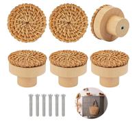 6 Pièces Boutons de Meuble en Rotin Bois, Poignée Meuble Bois, Bouton de Tiroir, pour Placards, pour Chambre Cuisine Bureau