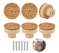 6 Pièces Boutons de Meuble en Rotin Bois, Poignée Meuble Bois | Bouton de Tiroir, Rond Boutons de Portes pour Placards, pour Chambre Cuisine Bureau
