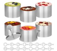 6 Pièces Cercles à Desserts, Poussoir et Socle, 16 Pochoirs, Cercle de Service en Acier Inoxydable, Emporte-pièces Ronds avec Poussoir, aux Moules à Biscuits, Beignets et Gâteaux
