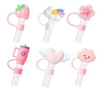 6 pièces Couvercles de paille en boule rose compatibles avec les accessoires de tasse, s'adapte aux tasses à eau de 40oz et 30oz, accessoires de bouchon de paille réutilisables mignons de 10mm, boucho