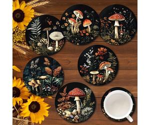 6 pièces de sous-verres en bois avec tampons en feutre, design artistique en 2D de forêt de champignons, convient pour tenir des boissons, café et thé, idéal pour la décoration de la maison, bar, rest