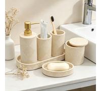 6 pièces Ensemble d'accessoires de salle de bain en résine style Farmhouse moderne, comprenant un porte-brosse à dents, un distributeur de savon, un plateau, un verre et un pot à cotons-tiges ABS