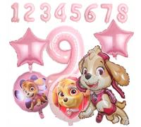 6 pièces Ensemble de décoration de fête d'anniversaire Pat'Patrouille, ballons en feuille rose avec chiffres et étoiles, accessoires de photographie, fournitures de décoration de studio, convient pour