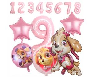 6 pièces Ensemble de décoration de fête d'anniversaire Pat'Patrouille, ballons en feuille rose avec chiffres et étoiles, accessoires de photographie, fournitures de décoration de studio, convient pour