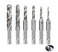 6 Pièces Forets Taraudeurs Combinés Kit, M3 M4 M5 M6 M8 M10 Argenté Tige Hexagonale Revêtement Antirouille pour Perçage et Taraudage Simultané Outils Multifonction pour Aluminium Bois et Plastique