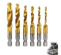 6 Pièces Forets Taraudeurs Combinés M3 M4 M5 M6 M8 M10 avec Tige Hexagonale 6 mm Foret vec Tige Hexagonale Kit Taraud Machine Taraudage pour Perçage et Outils Multifonction Taraudage Simultané