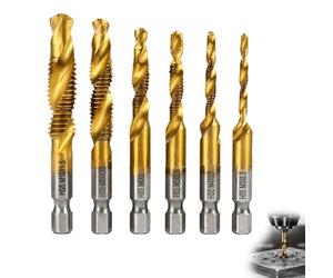6 Pièces Forets Taraudeurs Combinés M3 M4 M5 M6 M8 M10 avec Tige Hexagonale 6 mm Foret vec Tige Hexagonale Kit Taraud Machine Taraudage pour Perçage et Outils Multifonction Taraudage Simultané