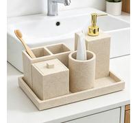 6 pièces Set d'accessoires de salle de bain en résine, style ferme moderne, comprenant un porte-brosse à dents, un distributeur de savon, un plateau, un verre, un porte-coton-tiges, couleur grès ABS
