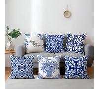 6 pièces Set de simples housses de coussin vintage européen en porcelaine bleue et blanche avec motifs floraux géométriques "Sweet Home", en velours pêche imprimé sur un seul côté, tailles 45*45/50*50