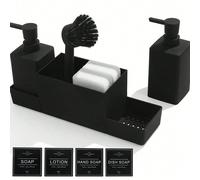 6 pièces Set organisateur d'évier de cuisine, comprend un distributeur de savon en plastique avec support à éponge, brosse à vaisselle, éponges et plateau, design moderne, convient pour le nettoyage d