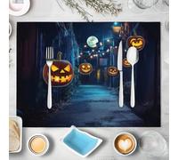 6 pièces Sets de Table Horreur Halloween, 30 x 45 cm Set de Table Lavable Lanterne Citrouille Ruelle Lune, antidérapants en Lin, pour Cuisine, Salon, Salle à Manger, Bar