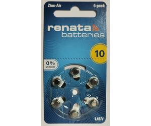 6 piles bouton ZA10 zinc-air 1,4V 100 mAh Renata