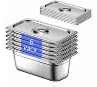 6 récipients GN 1/3, dimensions 32,5 x 17,5 x 10 cm. Récipients en acier inoxydable avec couvercle, adaptés à un usage professionnel pour la restauration, les pâtisseries, les hôtels. Récipients pour 