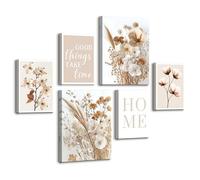 6 Sets Boho Beige Blanc Fleurs Tableau Decoration Murale Encadre, Minimaliste Maison Floral Impression Sur Toile Nature Plantes Affiche Tableau Peinture Posters Déco Mural pour Salon Chambre Cuisine
