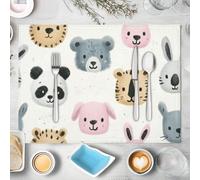 6 Sets de Table en Lin Animaux Sauvages Dessins Animés, Set de Table Panda Chiot Lion, Lavables,Rectangulaires Résistants à la Chaleur,Décoration pour Cuisine,Table à Manger, 45x30cm, Gris Clair