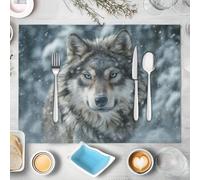 6 Sets de Table en Lin Hiver Faune, Set de Table Tempête De Neige Loup Sauvage, Lavables,Rectangulaires Résistants à la Chaleur,Décoration pour Cuisine,Table à Manger, 45x30cm, Gris Argenté