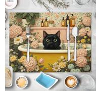 6 Sets de Table en Lin Jardin Rétro Pour Animaux Set de Table Chat Noir Fleurs Sauvages Baignoire Sets de Lavables,Rectangulaires Résistants à la Chaleur,Décoration pour Cuisine,Table à Manger,45x30cm