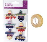 6 stickers 3D Chapeaux mexicains Sombreros 5,5 cm + masking tape doré à paillettes 5 m Multicolore G