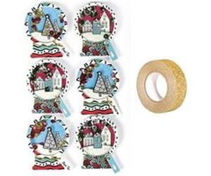 6 stickers 3D de Noël Boules de neige 5 cm + masking tape doré à paillettes 5 m Multicolore G