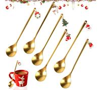6 Stück Weihnachts Löffel Besteck, Weihnachtslöffel Set, Dessertlöffel | Longue Cuillère à Latte Macchiato avec Pendentif de Noël pour Gâteau, Café, Crème Glacée, Thé, Décoration de Table (Doré)