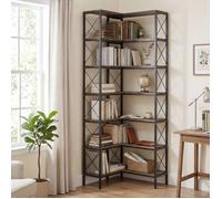 6-Tier L-Shaped Bookshelf, Freestanding Corner Bookcase with Metal Frame, Rustic Brown
