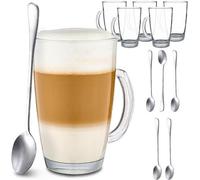 6 Verres à cappuccino avec anse et cuillère - 250 ml - Reste chaud longtemps - Format idéal pour les machines à café entièrement automatiques - Résistant au lave-vaisselle - Cappuccino Vaisselle Verre