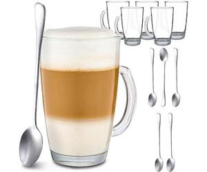 6 Verres à cappuccino avec anse et cuillère - 250 ml - Reste chaud longtemps - Format idéal pour les machines à café entièrement automatiques - Résistant au lave-vaisselle - Cappuccino Vaisselle Verre