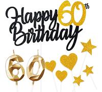 60 Ans Noir Or Decoration Gateau Anniversaire 9 Pcs,Double Glitter Happy 60th Birthday Cake Topper Deco avec,60 Ans Bougies,Star Heart Cupcake,Décoration de Gâteau pour Femmes/Homme