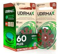 60 Piles Auditives PR41 Taille 312 (Marron) Udirmax Zinc-Air 0% Mercure 1,45V avec Technologie Dynamic Sonar Eco Pack - 6 Blisters Écologiques de 10 Piles
