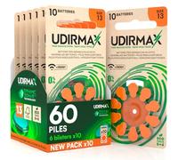 60 Piles Auditives Taille 13 Udirmax PR48 Orange Zinc-Air Eco Pack - 6 Blisters Écologiques de 10 Piles